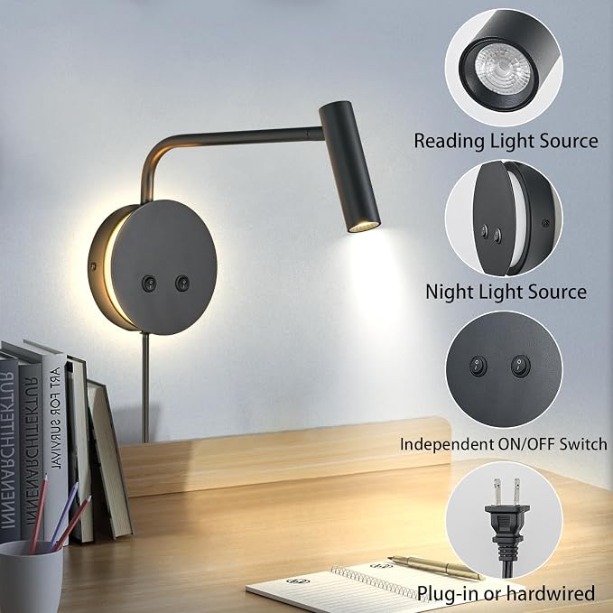 2 Pack Wall Mounted Reading Lights for Bed, Matte Black Headboard Wall Sconces with Night Light, Plug in or Hardwired Bedside Reading Lamps with On/Off Switch, 3000K Warm White Bedroom Wall Lighting