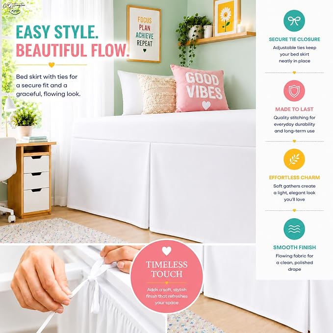 Cottington Lane Tailored Box Pleated College Dorm Bed Skirt Twin XL, Hotel Quality Premium Brushed Microfiber Extra Long Bedskirt Twin XL 25 Inch Drop, White Dorm Bedding
