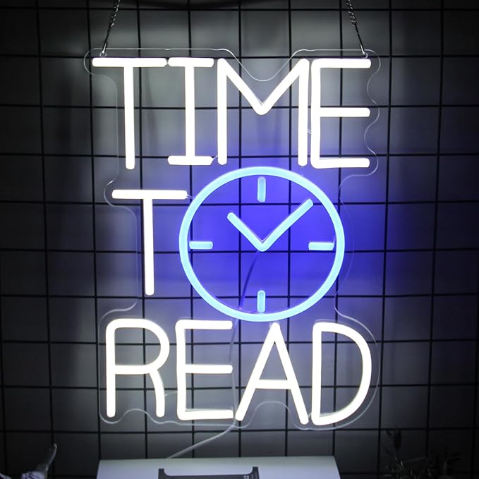 Time To Read Neon Sign Read Books Neon Lights for Bedroom Bookstore Decor | White Letter LED Signs, Blue Clock Neon Read Light Up Sign, Dimmable Acrylic Wall Art, USB Powered, Reading Corner Decor