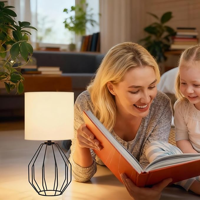 Small Table Lamp Set of 2 Black, Small Bedside Lamps, Cute Desk Lamps with Metal Cage & Linen Lampshade, Nightstand Lamps for Bedroom, Living Room, Kids Room, Office