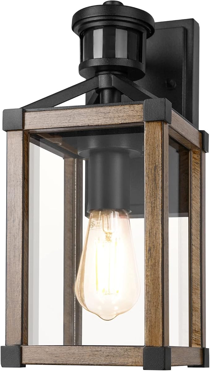 DEWENWILS Motion Sensor Outdoor Wall Lights, Dusk to Dawn Farmhouse Light | Clear Glass, Open Bottom, 3 Modes, 33FT Detection Range, 140° Sensing Angle, E26 Socket, Ideal for Doorway Garage Patio
