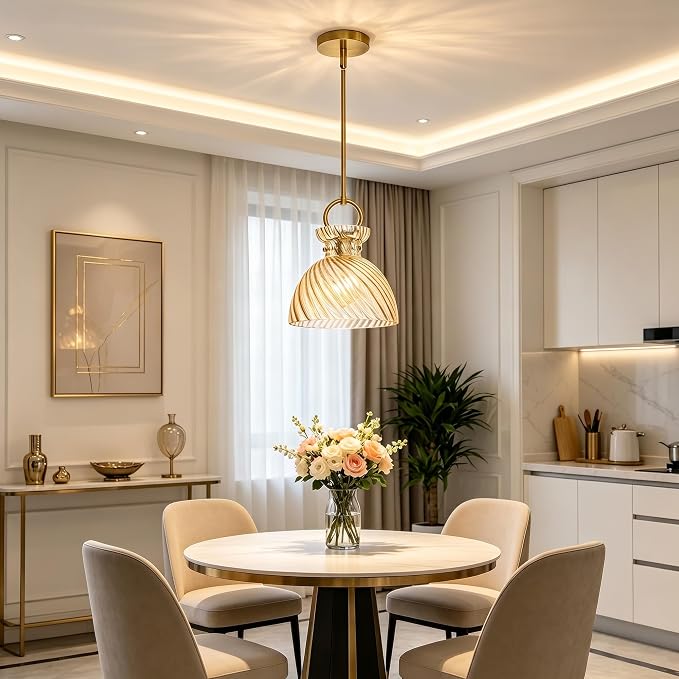 Gold Pendant Light Kitchen Island 9.84'' Striped Amber Glass Shade | Modern Pendant Lighting Over Sink, Adjustable Hanging Ceiling Light, E26 Dimmable Hardwired for Dining Room Hallway, 1-Pack