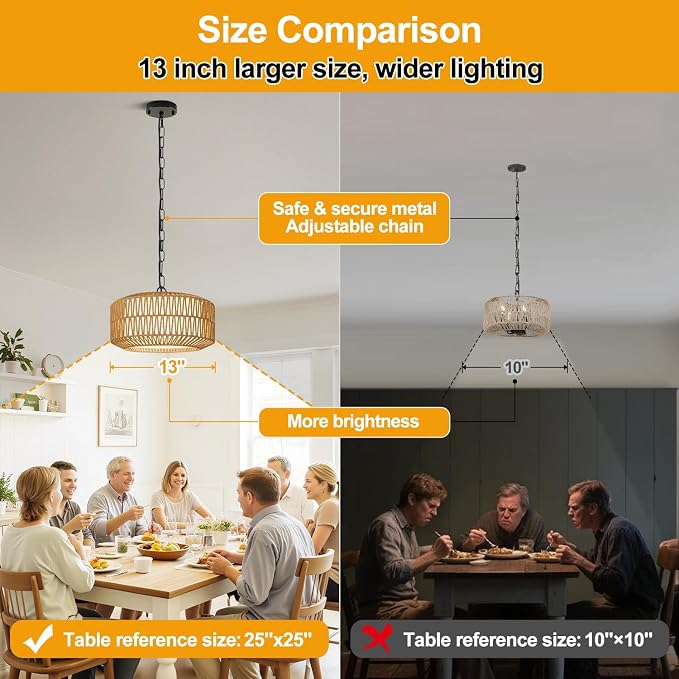 9"-52" Height Adjustable Farmhouse Chandelier Light Fixture, 1-Light Rattan Boho Chandeliers for Dining Room, Hand Woven Pendant Light with Linen Shade, Rustic Hanging Lighting for Kitchen Island