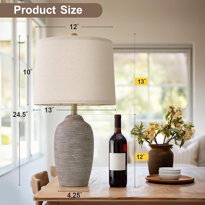 24.5" Handcrafted Ceramic Table Lamp with 5FT Cord, Single Farmhouse Vintage Rustic Bedside Lighting for Living Room Bedroom Entryway Linen Shade Nightstand End Table Decor (Bulb Not Included)