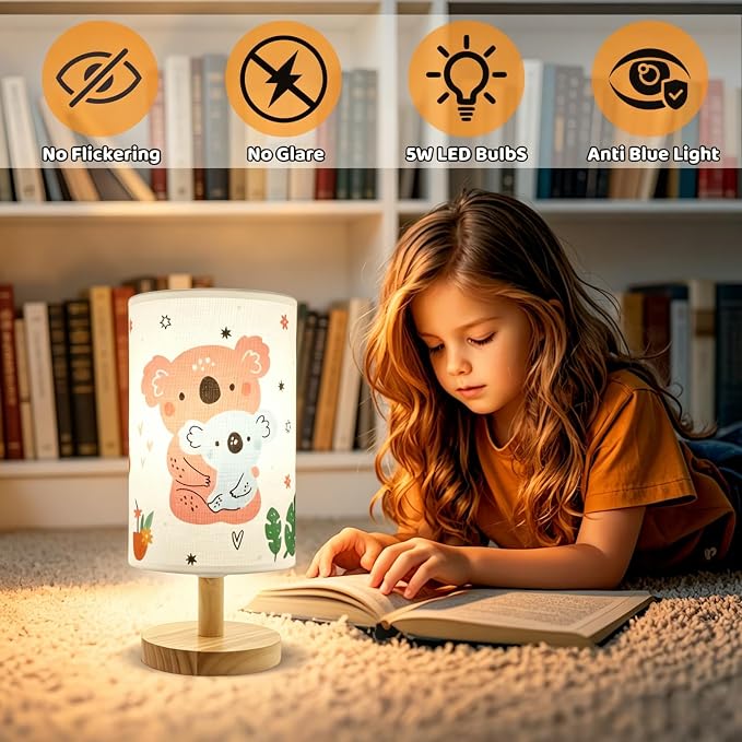 Bear Kids Table Lamp for Bedroom Kids Bedside Lamps 3 Colors Wooden Base Nightstand Night Light with Cartoon Flaxen Fabric Shade Desk Lamp for Girls Boys Room Nursery Decor,Bear Gifts for Boys Girls