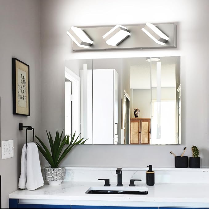 SOLFART Brushed Nickel Vanity Lights Over Mirror, 3 Light LED Bathroom Light Fixture, Vanity Light for Bathroom Modern LED Lights 6000K