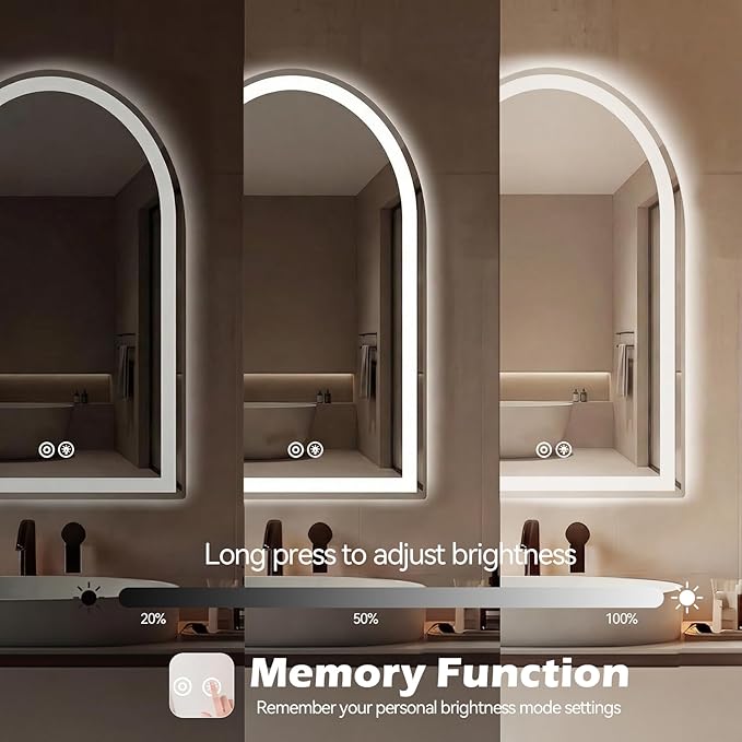 DUMOS 20"×28" LED Bathroom Mirror with Lights, Arched Vanity Mirror with Anti-Fog, Dimmable, 3-Color Light, Memory Function, Tempered Glass