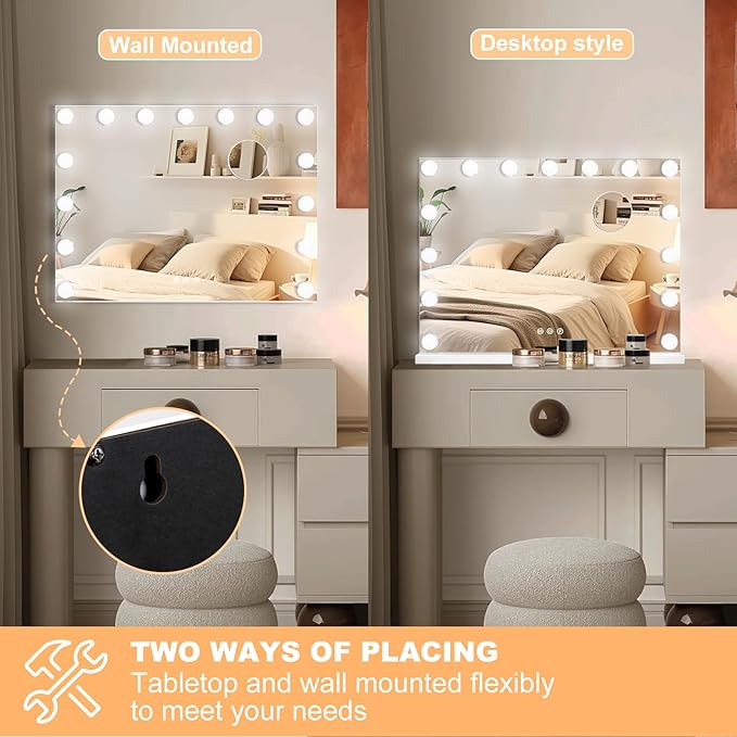 Moonee Vanity Mirror with Lights, Hollywood Lighted Makeup Mirror with 15 Dimmable Bulbs and 10X Magnification, 3 Colors Modes, Light Up Mirror, Perfect Valentine's Day Gift for Her（23" x 18"）