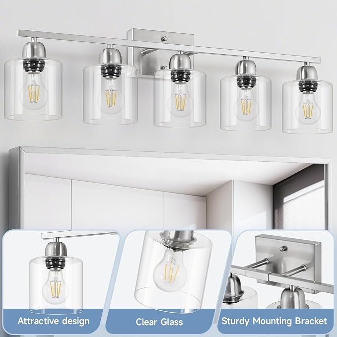 Modern Brushed Nickel 5 Light Bathroom Vanity Light, 31 inch Bathroom Light Fixtures, Vanity Lights for Bathroom with Clear Glass for Mirror Kitchen Living Room Hallway Cabinet Porch