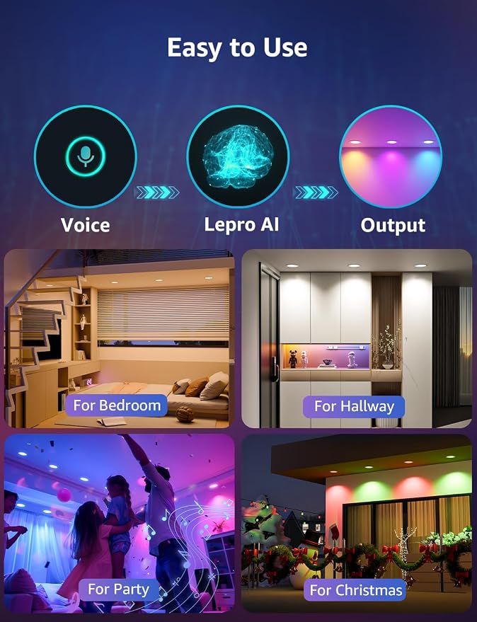 Lepro R2 AI Smart LED Recessed Lighting 6 Inch, 1050LM 12W Wafer Downlight | Alexa Enabled, RGBCW Ceiling Lights for Bedroom, APP Control, Sync Music, AI Lighting Designer, 2.4G WiFi, Bluetooth, 2-Pack