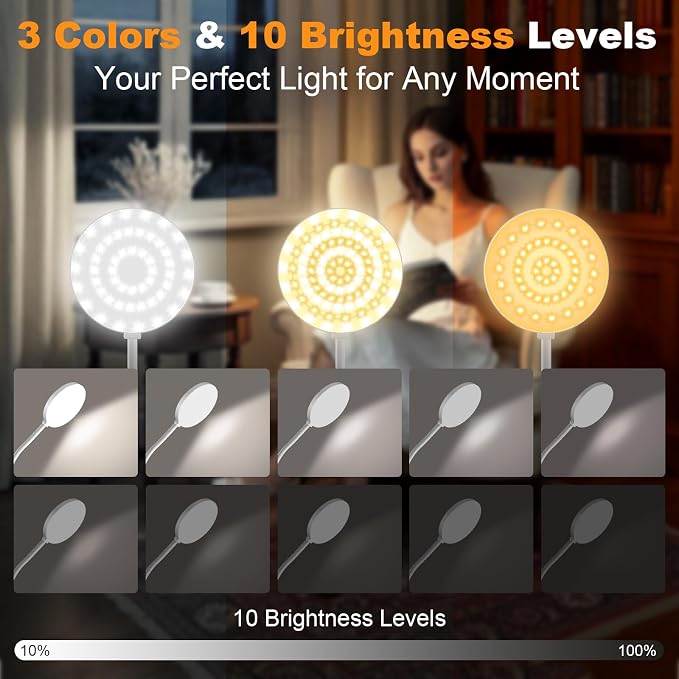 Rechargeable Desk Lamp with Clamp, 97 LED Bright Clip on Light with 3 Color & 10 Brightness, Cordless Desk Light for Home Office Bed Book Reading Crafting Sewing Drawing Knitting Puzzle (White/4.7'')