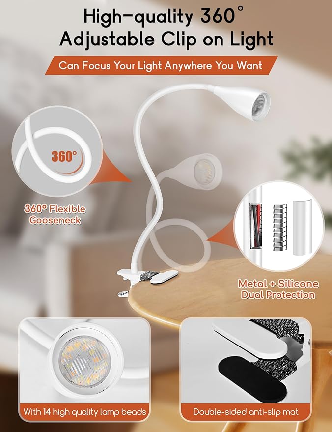 Reading Light for Book in Bed,Clip on Light Reading Lamp with Adapter White | 5 Color Modes 10 Brightness, Flexible Eye-Caring Clip on Desk Lamp Book Light for Reading in Bed Headboard Bedside Bedroom