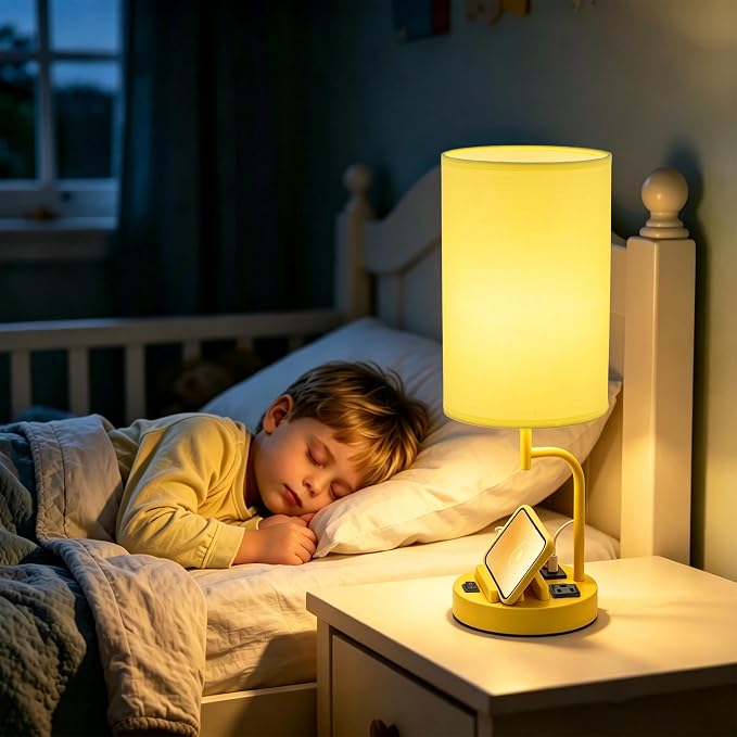Dreamholder 2 Pack Table Lamp, Bedside Lamp with 3 USB Charging Ports & AC Outlet, USB Desk Lamp with 2 Phone Holders, Linen Fabric Shade Nightstand Lamps for Bedroom Living Room Office, Yellow