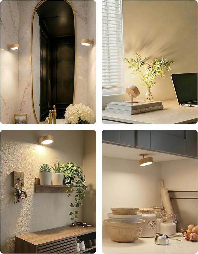 EZVALO LED Wall Mounted Light, 3000mAh Rechargeable Cordless Wall Sconce, Dimmable with Remote & Touch Control, 3 Color Temps, 360° Rotatable for Bedroom, Bedside, Reading(Wood, 2Pack)