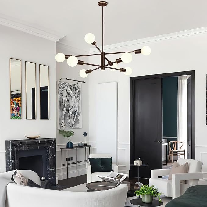 30" Modern Chandelier Ceiling Light Fixture, 8-Light Sputnik Chandeliers Brown and Gold Mid Century Chandelier Over Table, Height Adjustable Chandeliers for Dining Room Kitchen (Bulbs Not Included)