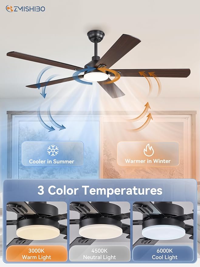 ZMISHIBO 60" Ceiling Fans with Lights and Remote, Black Modern for Indoor | Large Size, 3CCT, Downrod Mount, Farmhouse Dual Finish Blades, Quiet&Strong Motor, Memory Function for Bedroom, Living Room