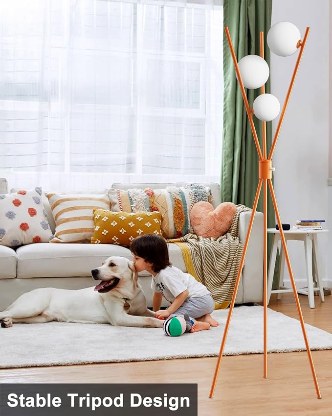 Lightdot Globe Standing Lamps Stepless Dimmable Tripod Floor Lamp with 3PCS 3000K Bulbs Included Stable Base Orange Mid Century Modern Floor Lamp for Living Room/Bedroom/Sofa Beside/Corner Decor