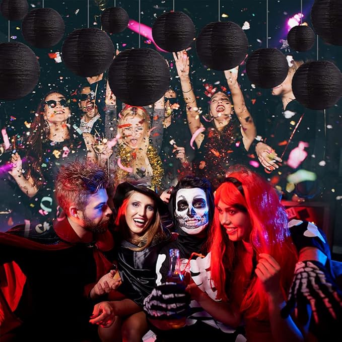 Black Paper Lanterns 12 Pcs Assorted size of 6" 8" 10" 12" Chinese Round Paper Hanging Decorations Ball Lanterns Lamps for Home Decorations, Parties, and Weddings