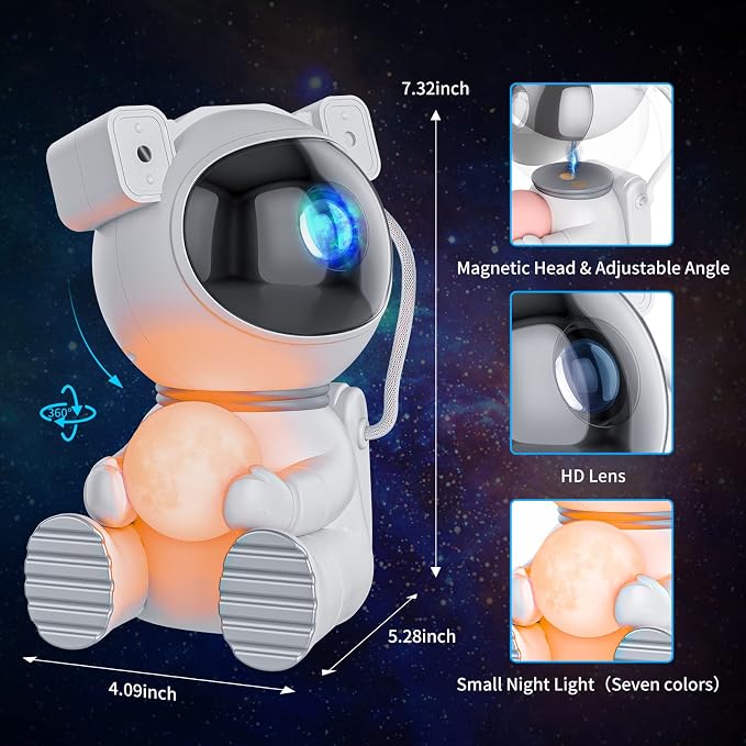 Cayclay Astronaut Galaxy Projector, Remote & Timer Night Light, White | 360° Magnetic Adjustable Head, Auto-Off Timer, Remote Controllable LED Lamp, Dimmable Multi-Color Night Light For Home Decor