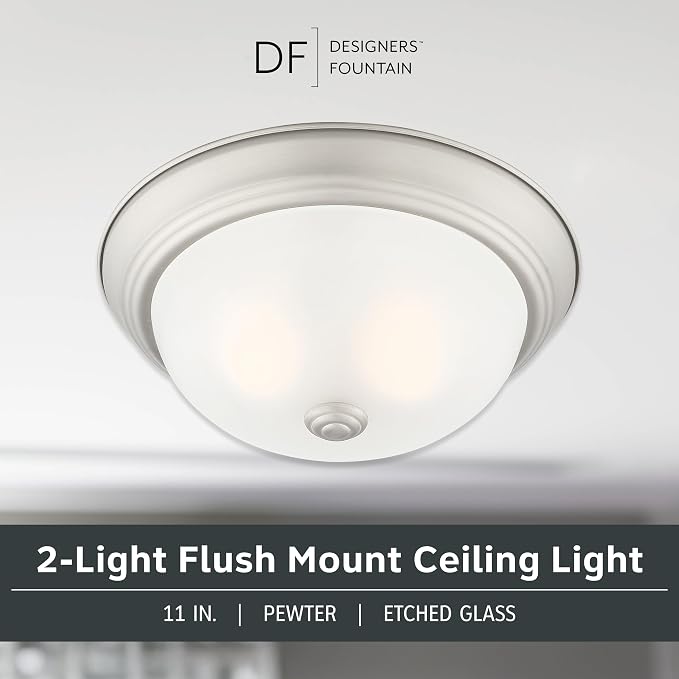 DESIGNERS FOUNTAIN Reedley 2-Lights Flush Mount Ceiling Light, 11 Inch Lighting Fixture for Kitchen, Bedroom, Bathroom, and Hallway, Pewter with Etched Glass, 1257S-PW-W