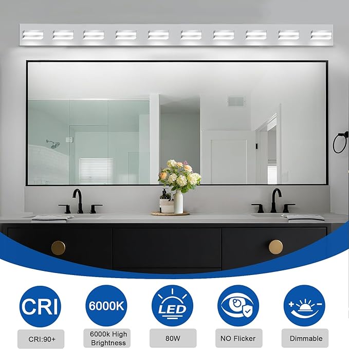 IZORRO LED Modern Bathroom Lights Fixtures(10-Light,Dimmable),Chrome Acrylic Wall Lighting,Vanity Lights for Bathroom Over Mirror - 6000k 40In （No Assembly Required）