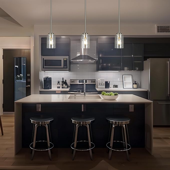 KSANA Pendant Lights Kitchen Island, 3.9'' Mini Modern Satin Nickel 1-Pack Pendant Hanging Lights Fixture with Seeded Glass Shade for Kitchen Sink, Foyer, Hallway, Bedroom Nooks and Powder Rooms