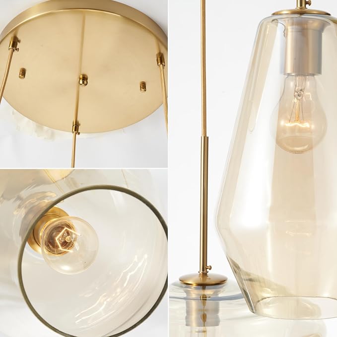 Modern Glass Pendant Light Champagne Gold Glass Chandelier Lighting Fixtures Dining Room Adjustable Hanging Cluster Pendant Lamp Nordic 3-Light Heads Pendant Lighting for Kitchen Bedroom