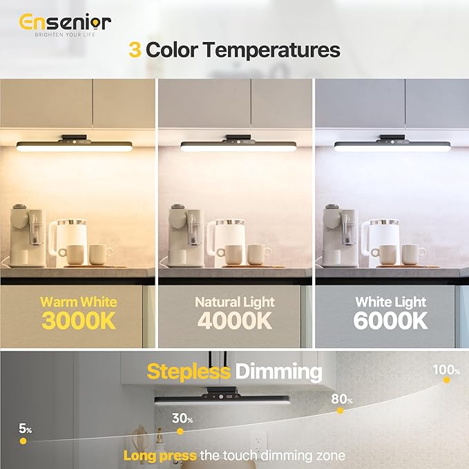 Ensenior Light Bar, 14 inch Rechargeable Under Cabinet Motion Sensor Lighting with Stepless Dimming Magnetic 3CCT Remote 2000mAh, Motion Sensor Light Indoor for Kitchen, Vanity Mirror, Closet, 2 Pack