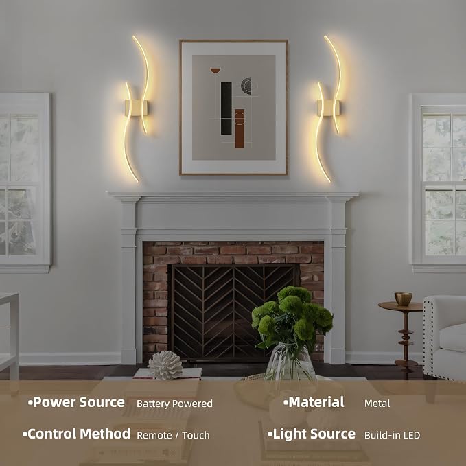 Battery Operated Wall Sconce Set of 2, Dimmable Modern LED Rechargeable Wall Light with Remote Control, Wall Decor for Living Room, Hallway, Quick Install, No Electrician Required