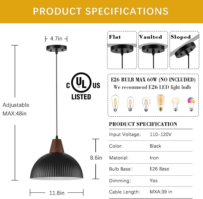 Black Pendant Lights Kitchen Island, 11.8" Dome Pendant Light Fixtures Modern Farmhouse Hanging Light for Dining Room Bedroom Bar Sink