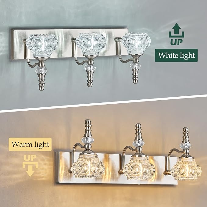 Modern Glass Crystal Vanity Light - Vintage Bathroom Lighting Fixtures Over Mirror, 3 Light Vanity Lights G9 Bulb (19.68 Inch, Nickel)