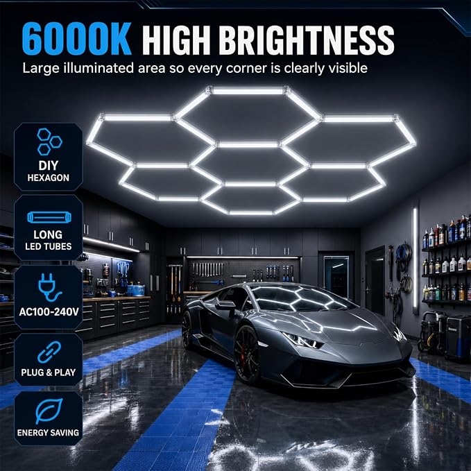 Hexagon LED Garage Light, 64500LM Ultra Bright 14-Hexagon 58-Tube Honeycomb Ceiling Lights, 6000K Daylight for Garage Gym, Car Detailing, Workshop, Warehouse & Auto Studio, DIY Hex Lights