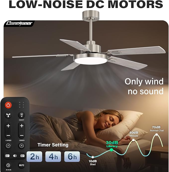 60 Inch Ceiling Fans with Lights and Remote, Bedroom Living Room Office Library Cafe Outdoor Industrial, 5CCT Dimmable, Dual Color 5 Blades, 6 Speed Reversible Quiet DC Motor, Sand-nickel/Wood Grain