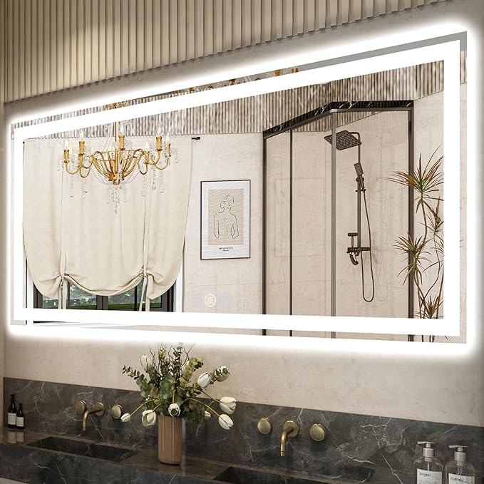 72x32 LED Bathroom Mirror, 6000LM, Separate Front and Back Lights | UL Certified,Shatter-Resistant Tempered Glass,Auto-Off Defogger,3 Color Modes,Smooth Dimming,Smart Memory Setting