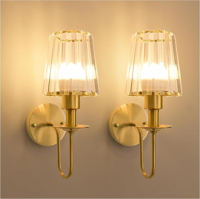 Battery Operated Wall Sconces Set of 2, Gold Crystal Wall Lights | 5200mAh rechargeable wall lights with magnetic bulbs, remote control, 15 colors, 10-level dimming and timer for bedrooms