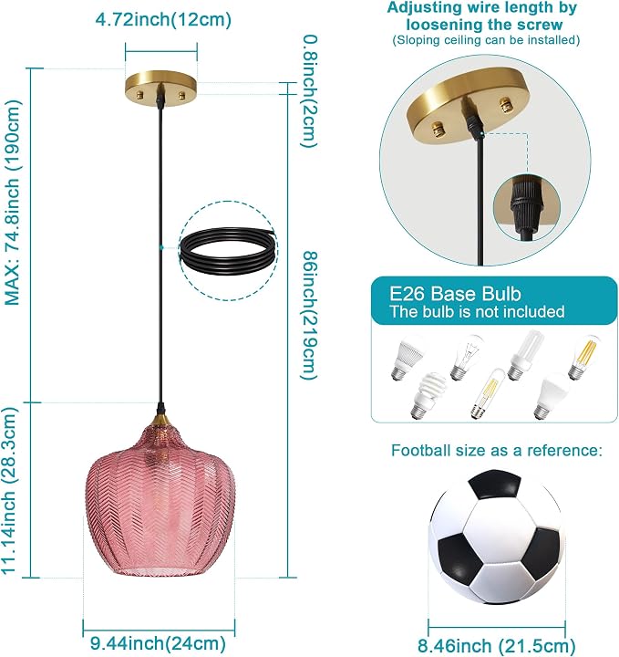 Pink Glass Pendant Lights Kitchen Island Gold Hanging Ceiling Light 9.45" | 1 Pack, Adjustable height, Dimmable, E26 bulbs, Rust-resistant Damp Rated For Bathrooms, 5-Year Warranty, UL Certification