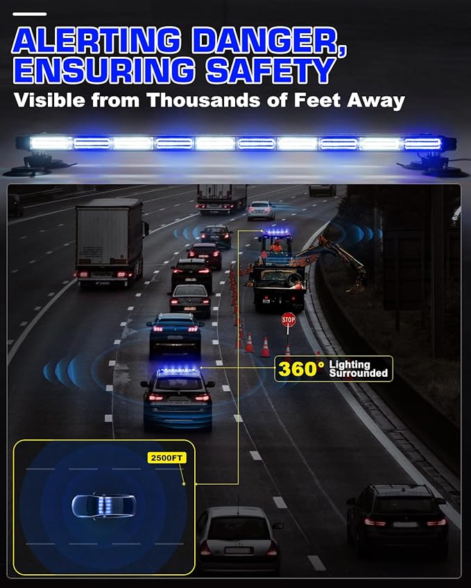 42" Emergency Traffic Advisor Light Bar Roof Top Emergency Strobe Light Bar Double Side Safty Flashing w/Magentic Mount for Construction Vehicles Plow Tow Trucks Pickup, Blue/White