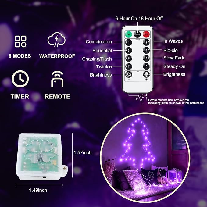 6 Pack Fairy Lights Battery Operated with Remote Timer 8 Lighting Modes,7ft 20 LED Waterproof Mini String Lights for Halloween Christmas Table Centerpieces Bedroom Decorations,Purple