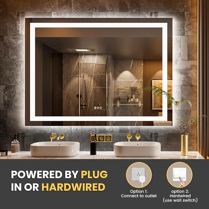 LOAAO 58"X40" LED Bathroom Mirror with Lights | Anti-Fog, Dimmable, 3 Color Temperature, Backlit + Front Lit, Memory Function, Tempered Glass, UL Listed