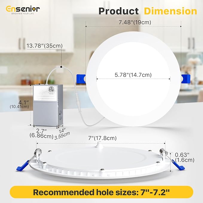 Ensenior 24 Pack 7 Inch LED Recessed Ceiling Light, 5CCT, 1200LM 12W 120V | 2700K-5000K Selectable, 5%-100% Dimmable, Ultra-Thin Canless Wafer Downlight, Aluminum, Damp Rated, ETL&FCC&IC