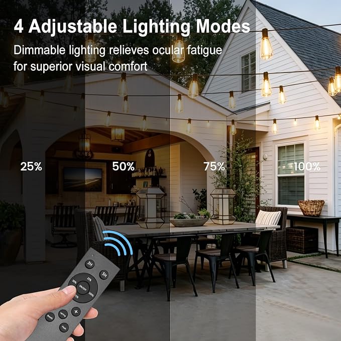 Achin 50FT Solar String Lights Outdoor with 32 LED Bulbs 1.5FT Bulbs Spacing,Patio String Lights Whith Remote, IP65 Waterproof, 3600mAm Battery (50FT 32Bulbs)
