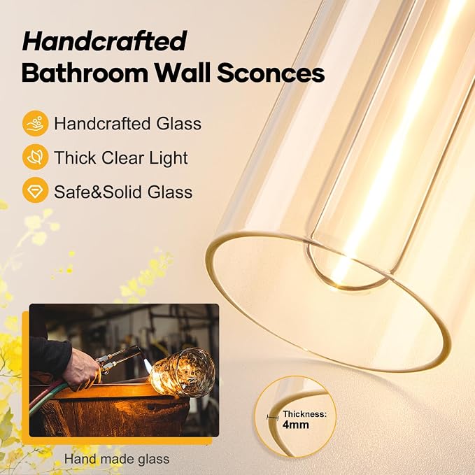 Wall Sconces Set of Two, Modern Bathroom Sconces Wall Lighting with & Clear Glass Glass, Black and Gold Sconces Wall Decor Set of 2 for Bathroom Mirror Bedroom Living Room Hallway