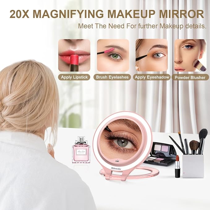 Mocado 1X/20X Magnifying Mirror with Light, Travel Makeup Mirror with Light | Double Sides Travel Mirror with 3 Color Light, Dimmable Touch, 1500mAh Rechargeable, Brightness Adjustable(Pink)
