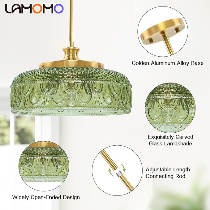 3-Light Pendant Light, Adjustable Pendant Lights Kitchen Island, Green | Farmhouse Pendant Ceiling Hanging Light Fixtures with Glass Shade for Living Room Corridor, Height Angle Adjustable, 3*E12