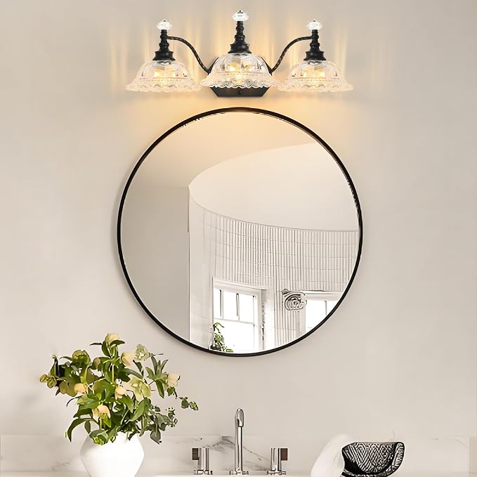 Vintage Bathroom Light Fixtures, 3 Light Black Vanity Lights with Floral Clear Glass Shades, Retro Wall Sconce for Mirror, Powder Room, Bedroom