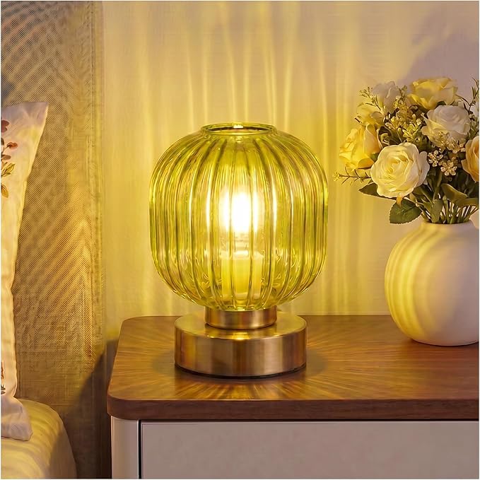 Elenhome Green Touch Glass Table Lamp, 3-Way Dimmable Bedside Lamp, Vintage Mid-Century Modern Small Nightstand Lamp for Bedroom and Living Room, Ambient Mood Lighting, LED Bulb Included