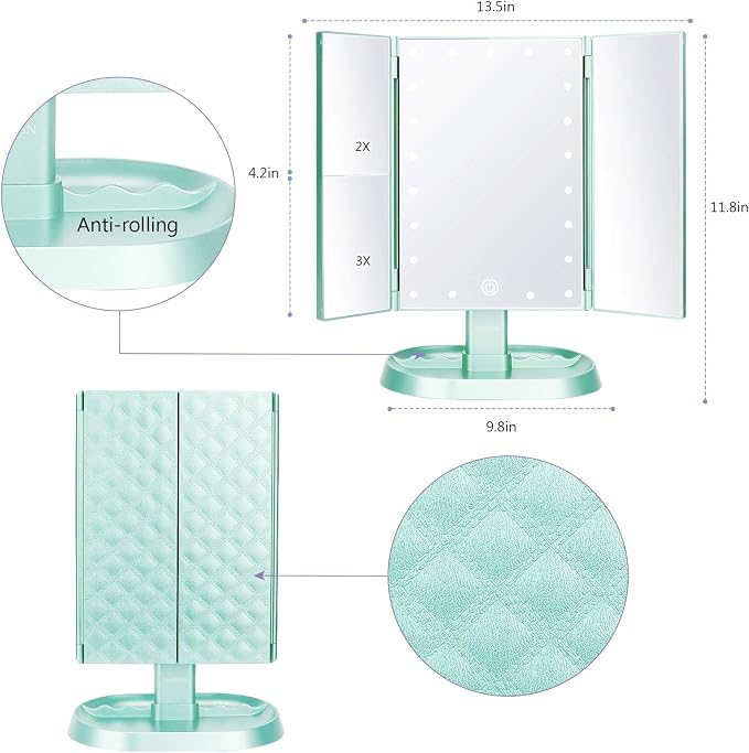 Trifold Lighted Vanity Makeup Mirror with 21 LED Lights,1x/2x/3x Magnification Touch Screen Dimming,Two Power Supplies Makeup Mirror, Gift for Women
