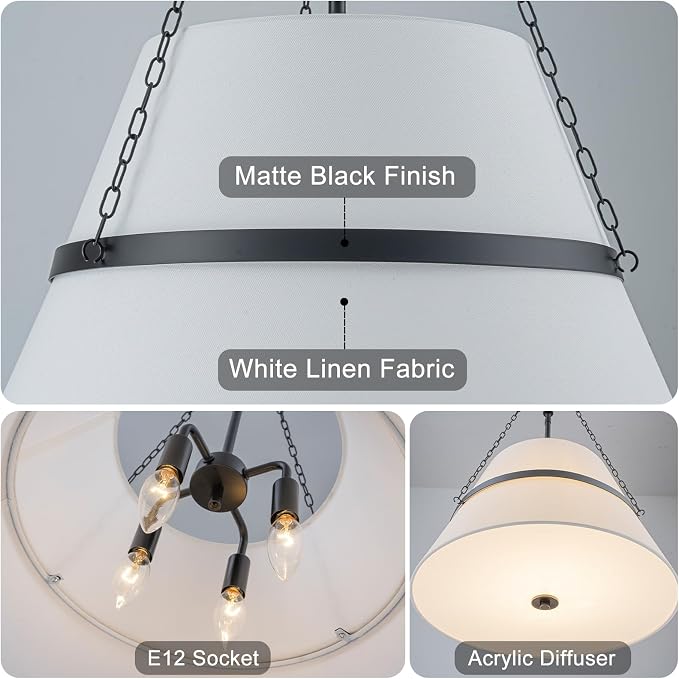 20" Black Drum Chandelier for Dining Room, White Linen Shade Pendant Light | Modern Transitional, Large Fabric Drum Design, 4-Light, 3 Side Chains, for Kitchen Island,Adjustable Height,19.69"W × 26.38"H