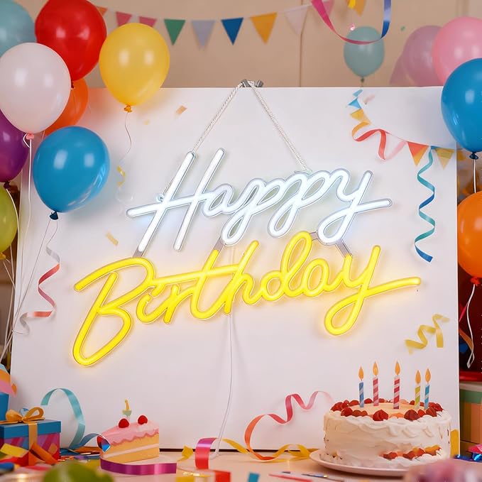 Happy Birthday Neon Sign, Neon Sign for Wall Decor, USB Powered Dimmable Neon Light, LED Happy Birthday Light Up Sign for Party, Perfect for Backdrop Birthday Party Decoration, White and Yellow