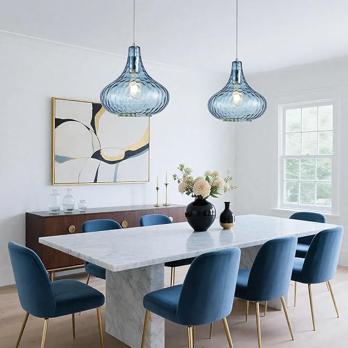11 Inch Blue Hammered Glass Pendant Light Brushed Nickel Ceiling Lamp | Adjustable hanging cord, warm soft diffused light, decor for dining space, kitchen island, hallway and living room
